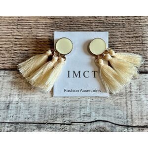 Brand New IMCT Cream Fringed Triple Tassel Dangle Gold Tone Pierced Earrings